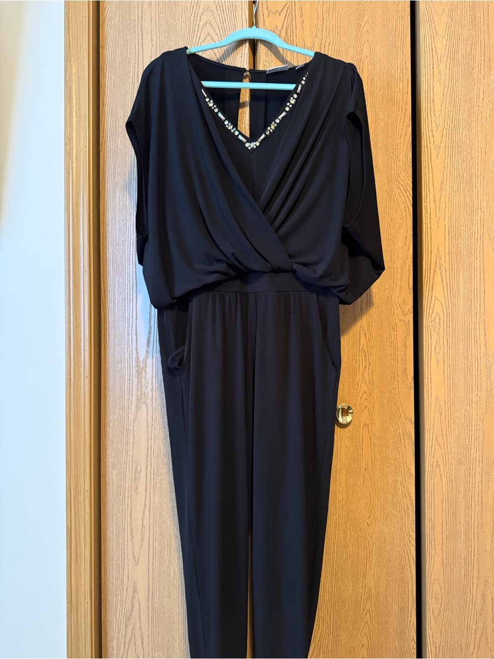 New York & Company Black Draped Jumpsuit with Rhinestone Trim